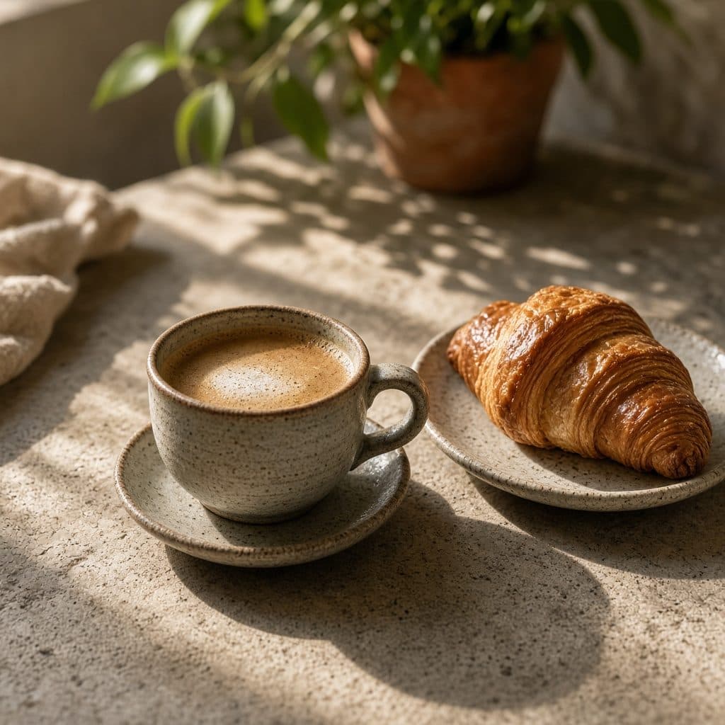 Coffee and a pastry on a café table.