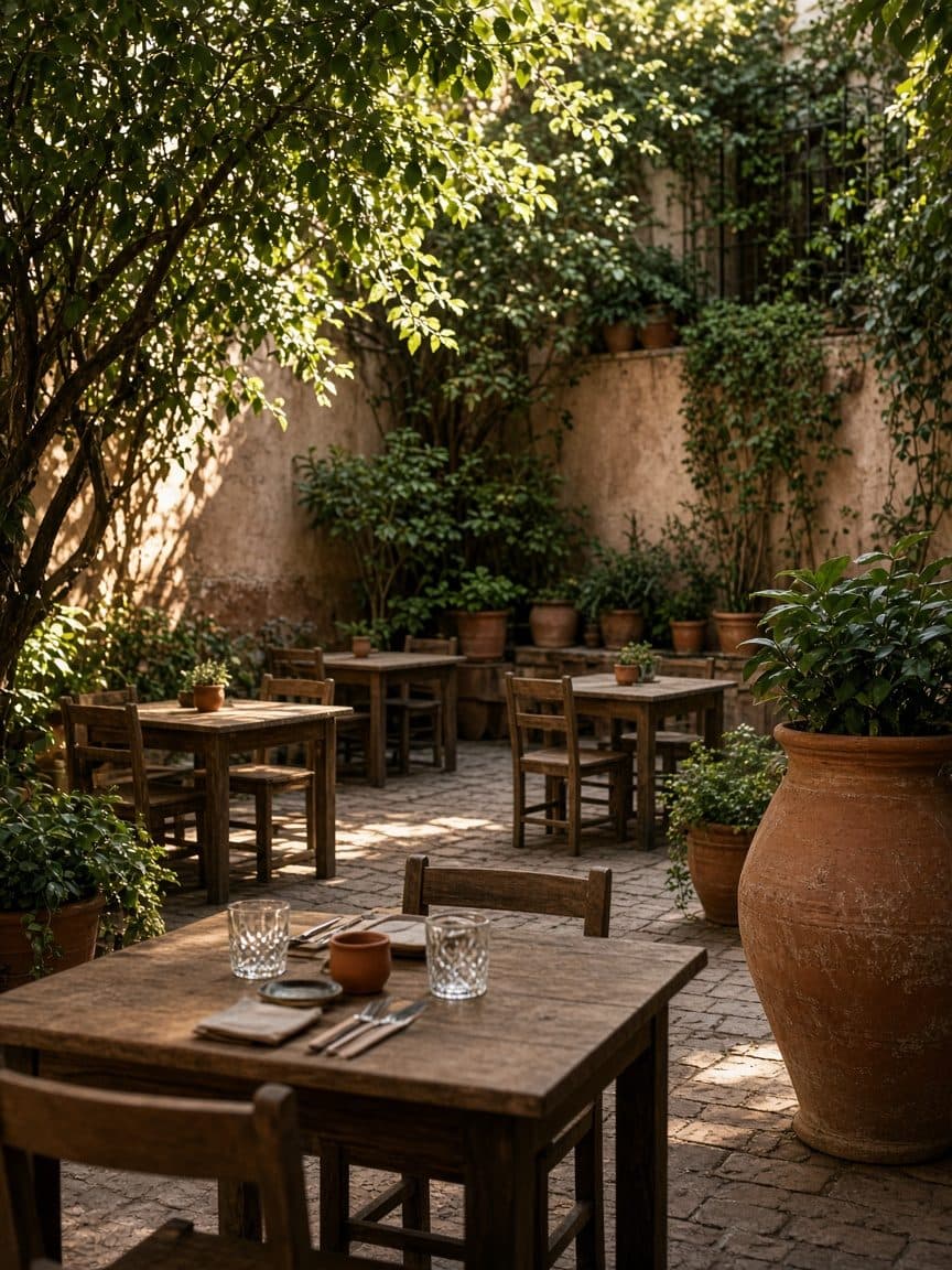 A shaded courtyard set for a meal.