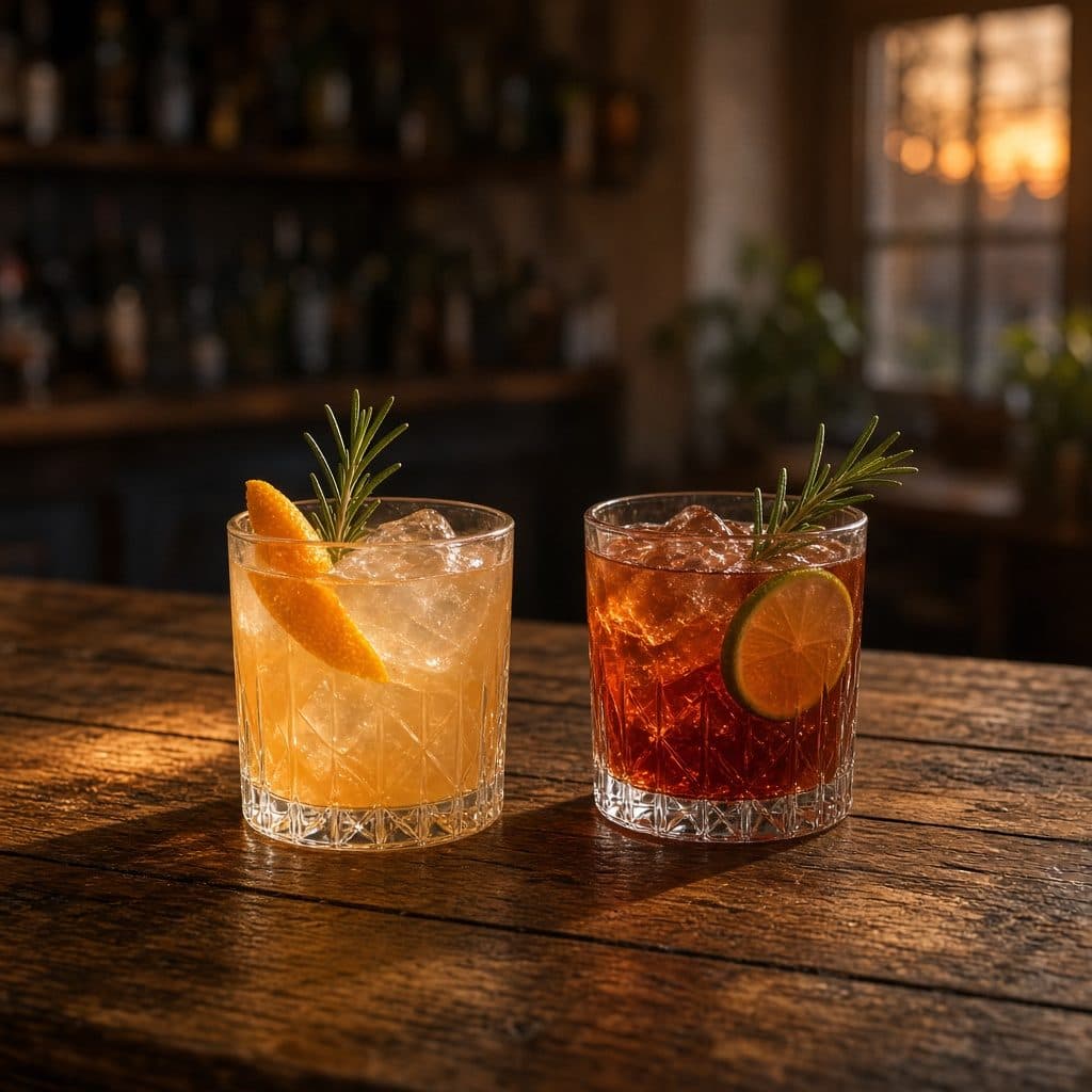Two drinks on a wooden bar.
