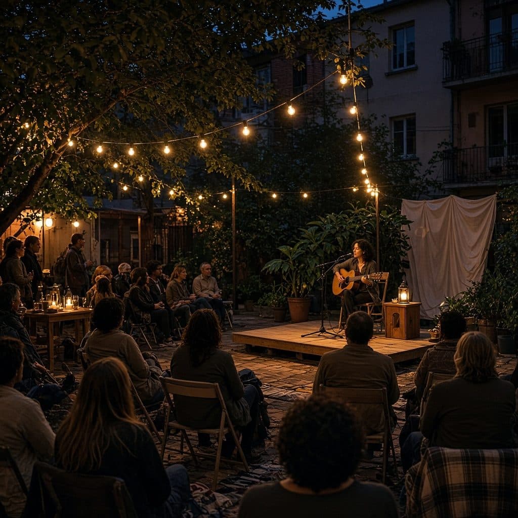 People gathered for live music in a courtyard.
