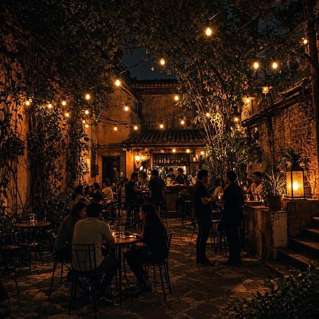 People dining at an outdoor local bar.