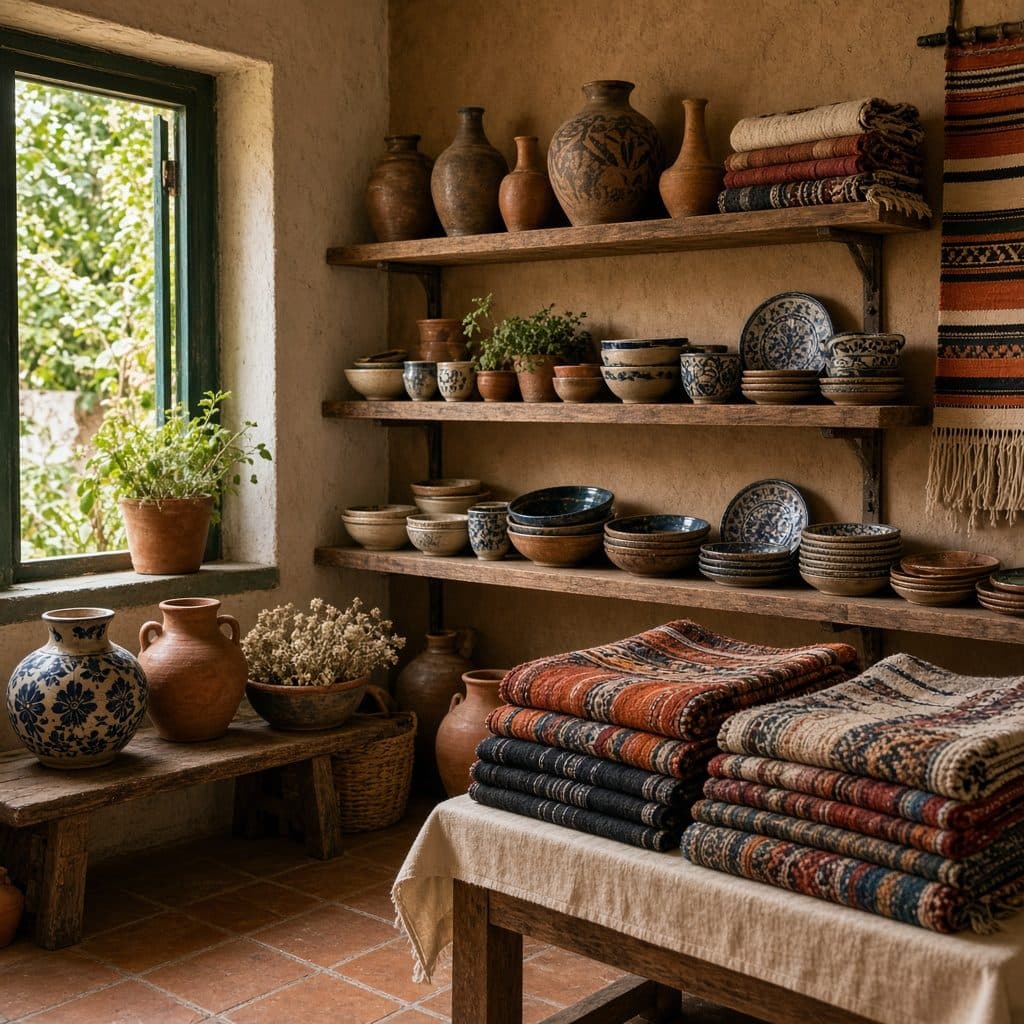 Textiles and ceramics in an independent shop.